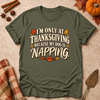 My Dog Is Napping dog mom T-shirt in Military Green, laid flat. [bb c=military-green r=flat]
