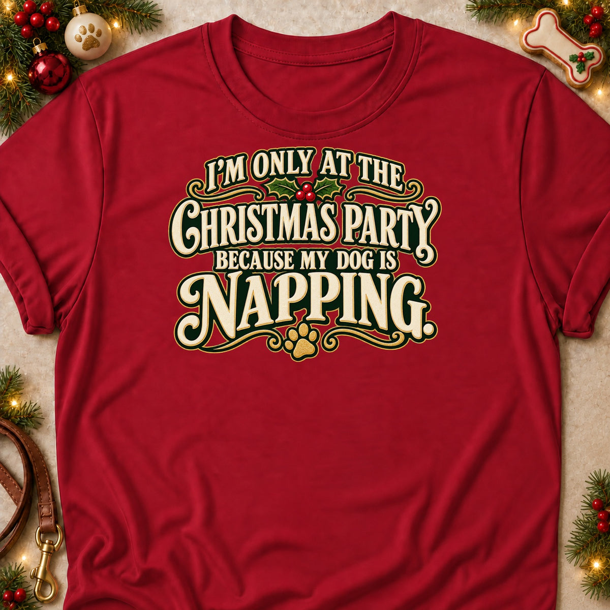 My Dog Is Napping dog mom T-shirt in Cardinal Red, laid flat. [bb c=cardinal-red r=flat]