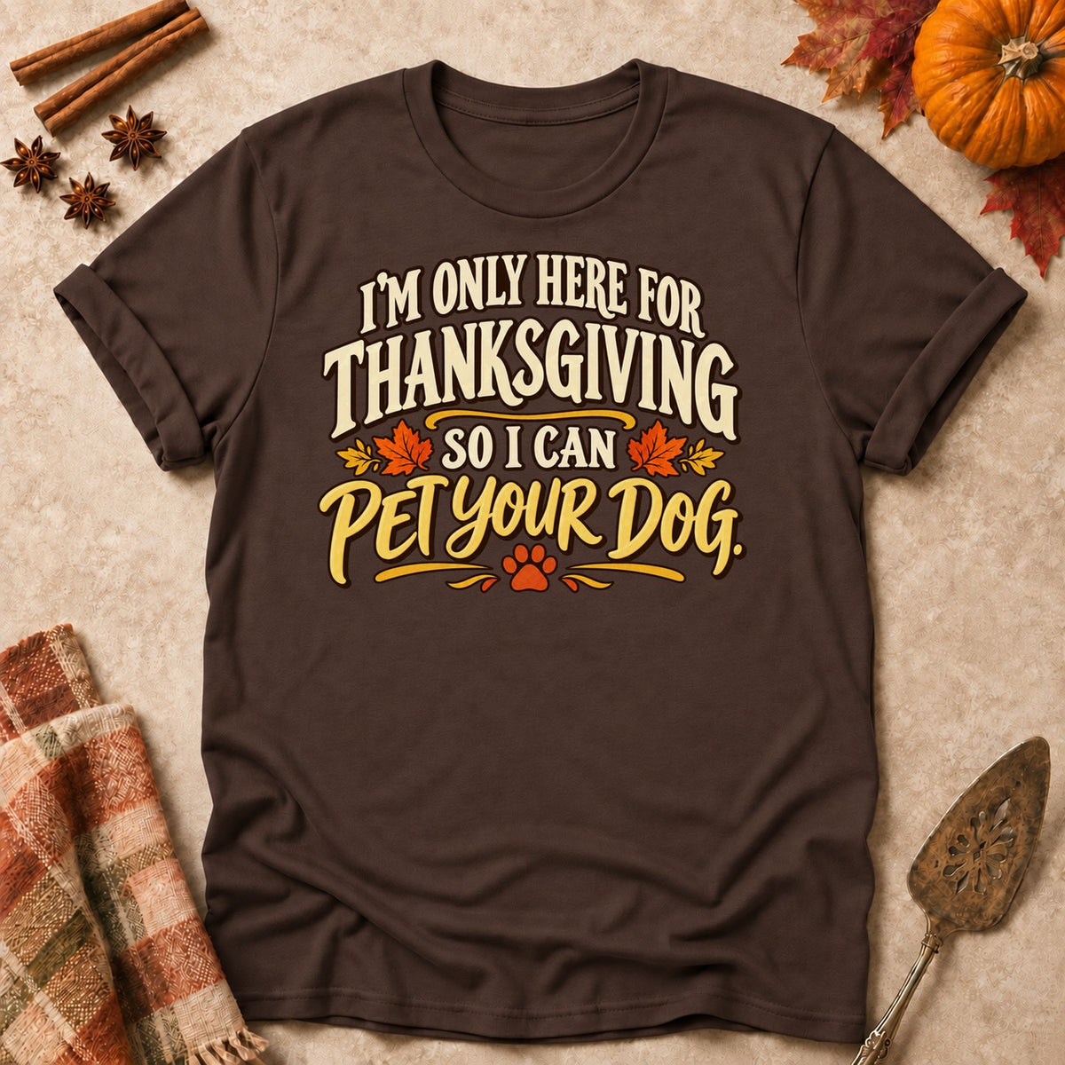 Pet Your Dog dog mom T-shirt in Dark Chocolate, laid flat. [bb c=dark-chocolate r=flat]
