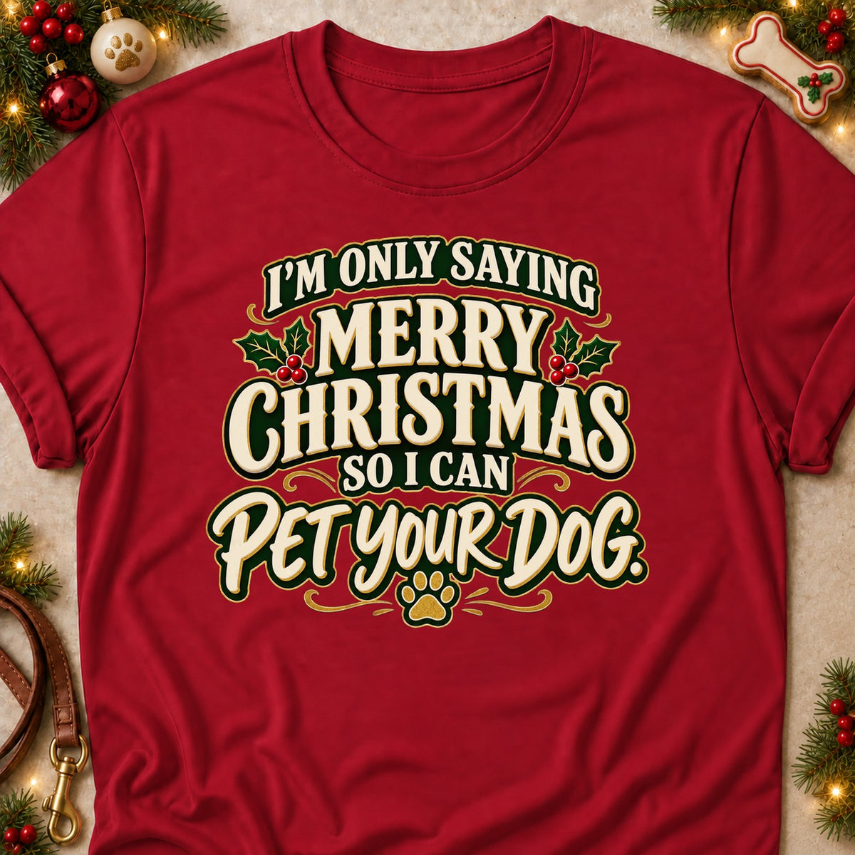 Pet Your Dog dog mom T-shirt in Cardinal Red, laid flat. [bb c=cardinal-red r=flat]