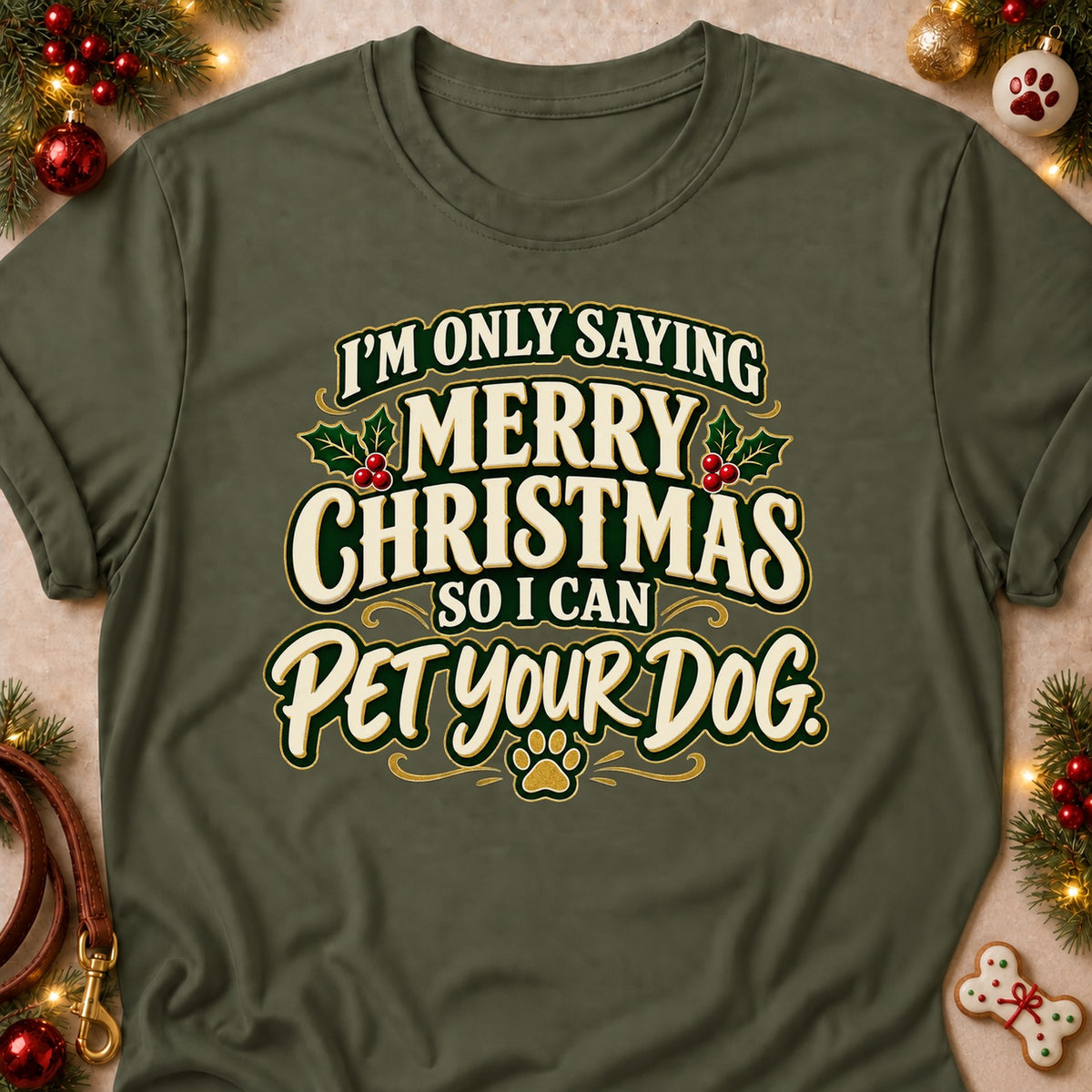 Pet Your Dog dog mom T-shirt in Military Green, laid flat. [bb c=military-green r=flat]