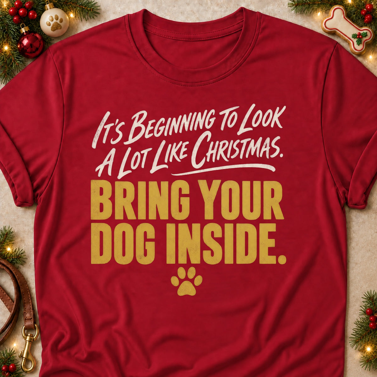 Bring Your Dog Inside dog mom T-shirt in Cardinal Red, laid flat. [bb c=cardinal-red r=flat]