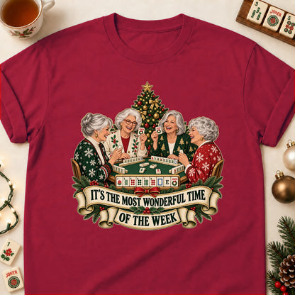 Most Wonderful Time mahjong T-shirt in Cardinal Red, laid flat. [bb c=cardinal-red r=flat]
