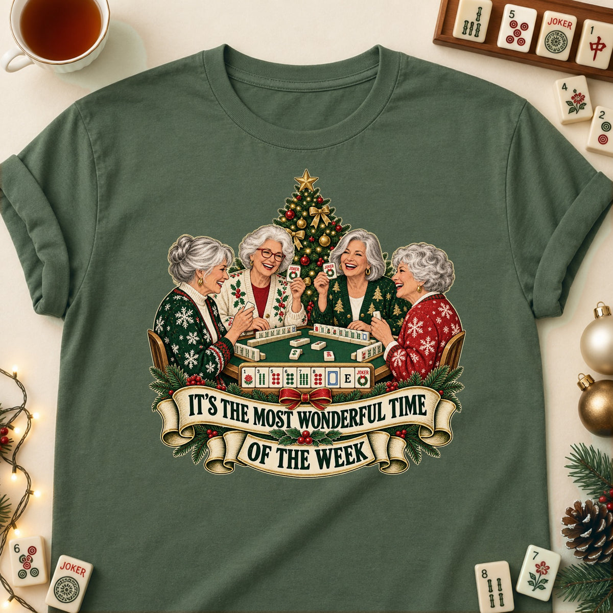 Most Wonderful Time mahjong T-shirt in Military Green, laid flat. [bb c=military-green r=flat]