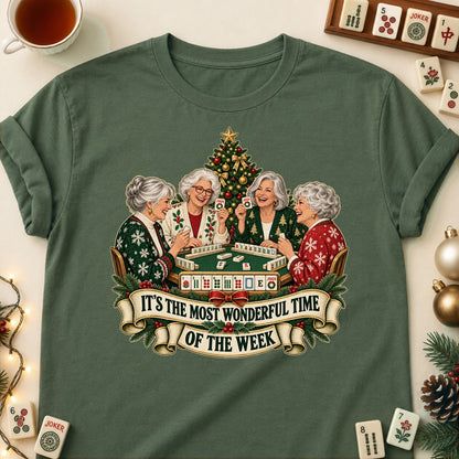 Most Wonderful Time mahjong T-shirt in Military Green, laid flat. [bb c=military-green r=flat]