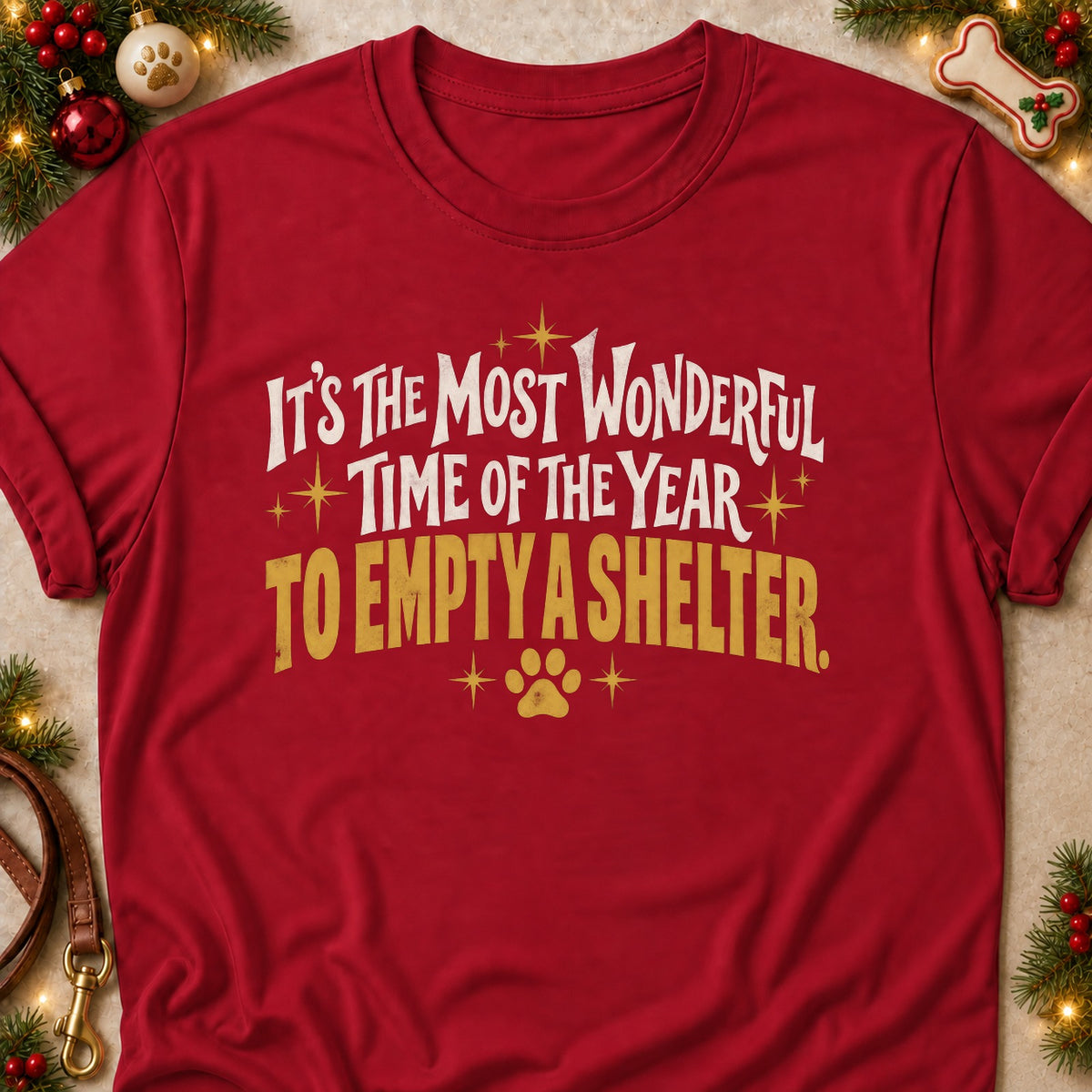 Empty A Shelter dog mom T-shirt in Cardinal Red, laid flat. [bb c=cardinal-red r=flat]