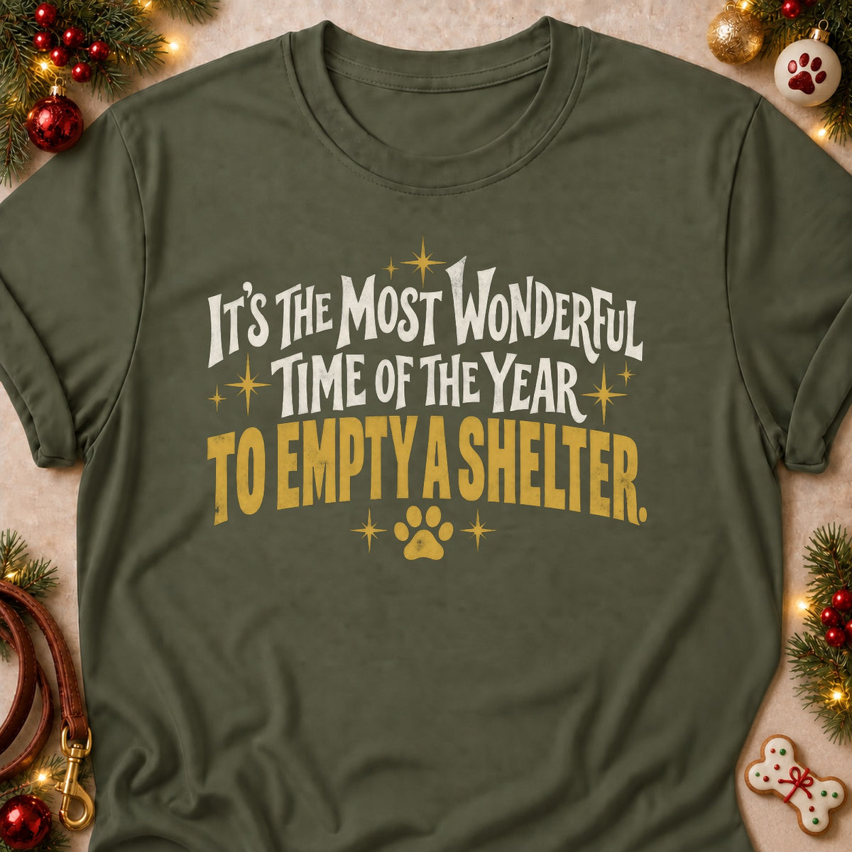Empty A Shelter dog mom T-shirt in Military Green, laid flat. [bb c=military-green r=flat]