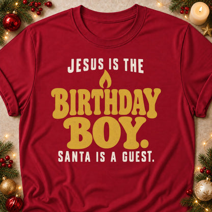 Jesus Is The Birthday Boy faith T-shirt in Cardinal Red, laid flat. [bb c=cardinal-red r=flat]