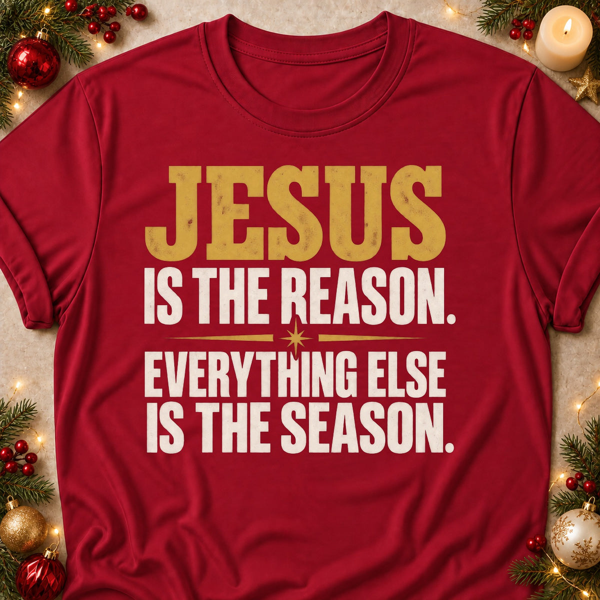 Everything Else Is The Season faith T-shirt in Cardinal Red, laid flat. [bb c=cardinal-red r=flat]