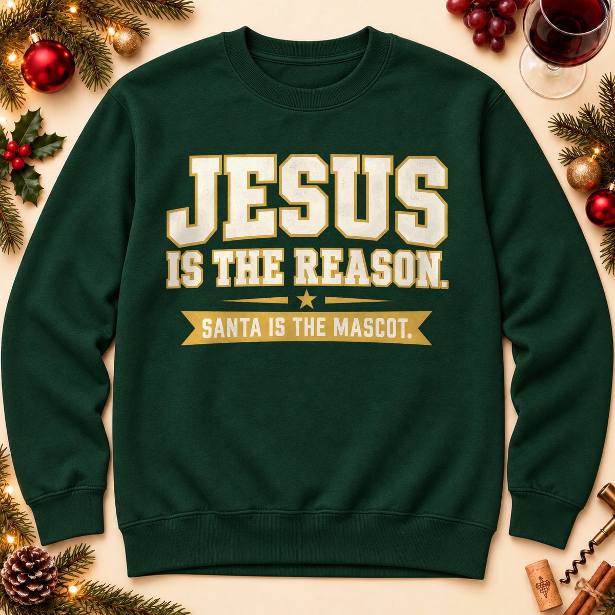 Jesus Is The Reason sweatshirt in Forest Green, laid flat. [bb c=forest-green r=flat]