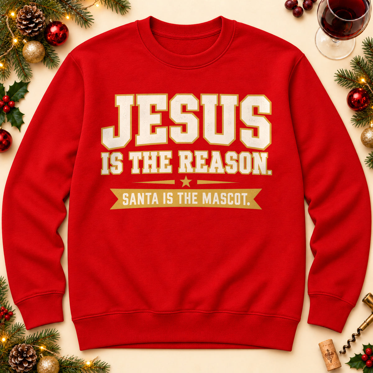 Jesus Is The Reason sweatshirt in Red, laid flat. [bb c=red r=flat]