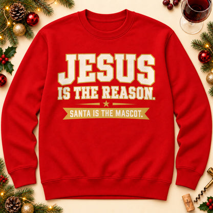 Jesus Is The Reason sweatshirt in Red, laid flat. [bb c=red r=flat]