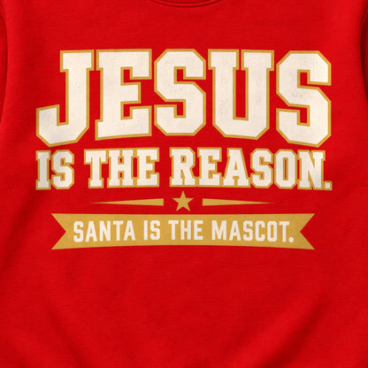 Jesus Is The Reason. Santa Is The Mascot. Colored Print Sweatshirt in Red — design detail