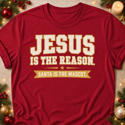 Santa Is The Mascot faith T-shirt in Cardinal Red, laid flat. [bb c=cardinal-red r=flat]
