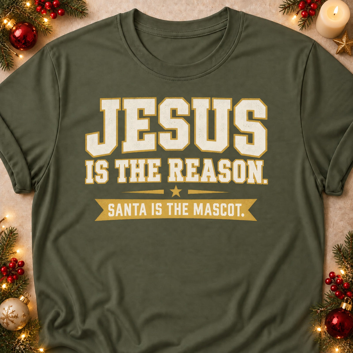 Santa Is The Mascot faith T-shirt in Military Green, laid flat. [bb c=military-green r=flat]