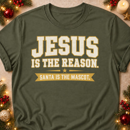 Santa Is The Mascot faith T-shirt in Military Green, laid flat. [bb c=military-green r=flat]