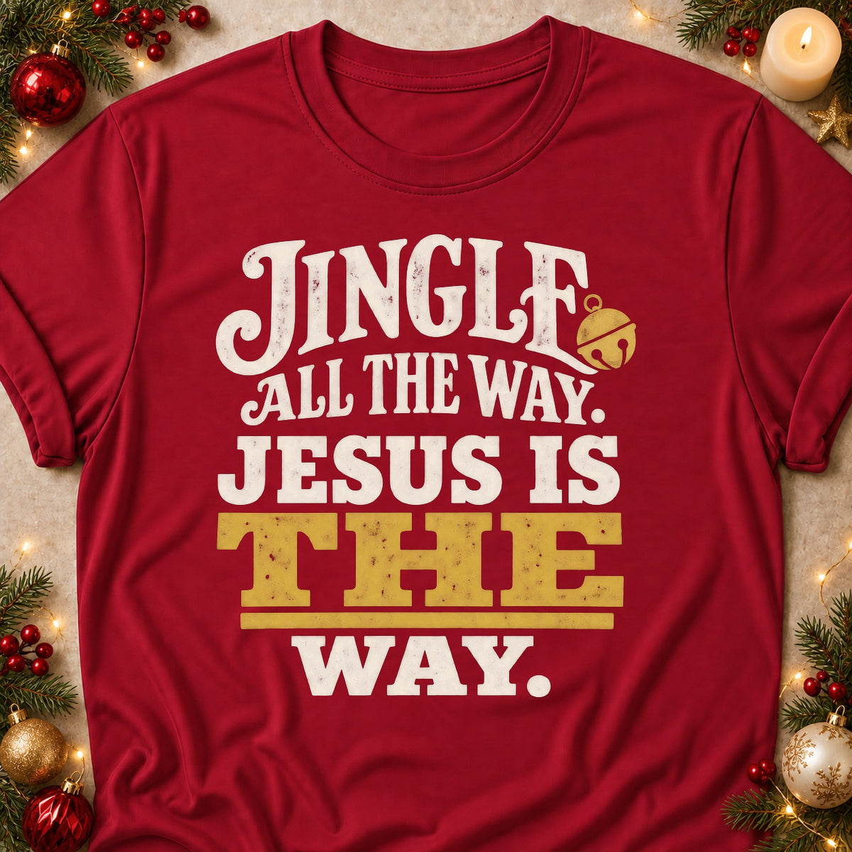 Jesus Is The Way faith T-shirt in Cardinal Red, laid flat. [bb c=cardinal-red r=flat]