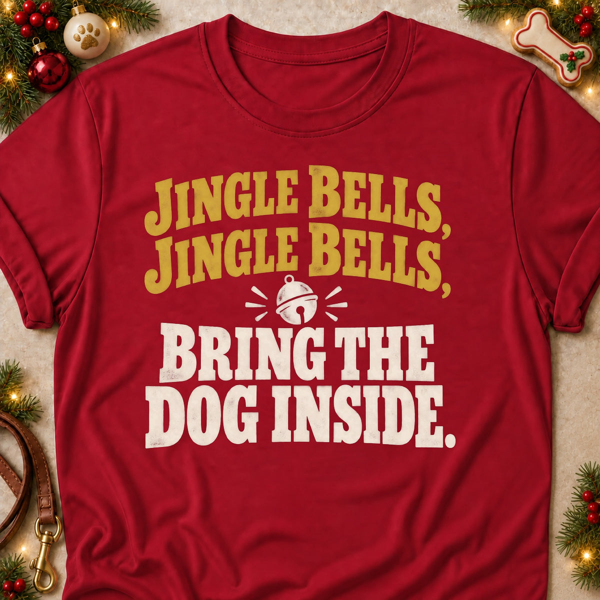 Bring The Dog Inside dog mom T-shirt in Cardinal Red, laid flat. [bb c=cardinal-red r=flat]
