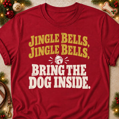 Bring The Dog Inside dog mom T-shirt in Cardinal Red, laid flat. [bb c=cardinal-red r=flat]