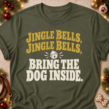 Bring The Dog Inside dog mom T-shirt in Military Green, laid flat. [bb c=military-green r=flat]