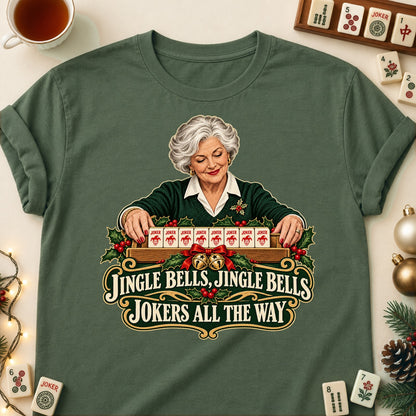 Jokers All The Way mahjong T-shirt in Military Green, laid flat. [bb c=military-green r=flat]