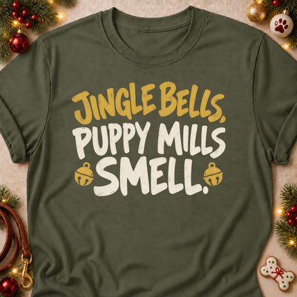 Puppy Mills Smell dog mom T-shirt in Military Green, laid flat. [bb c=military-green r=flat]