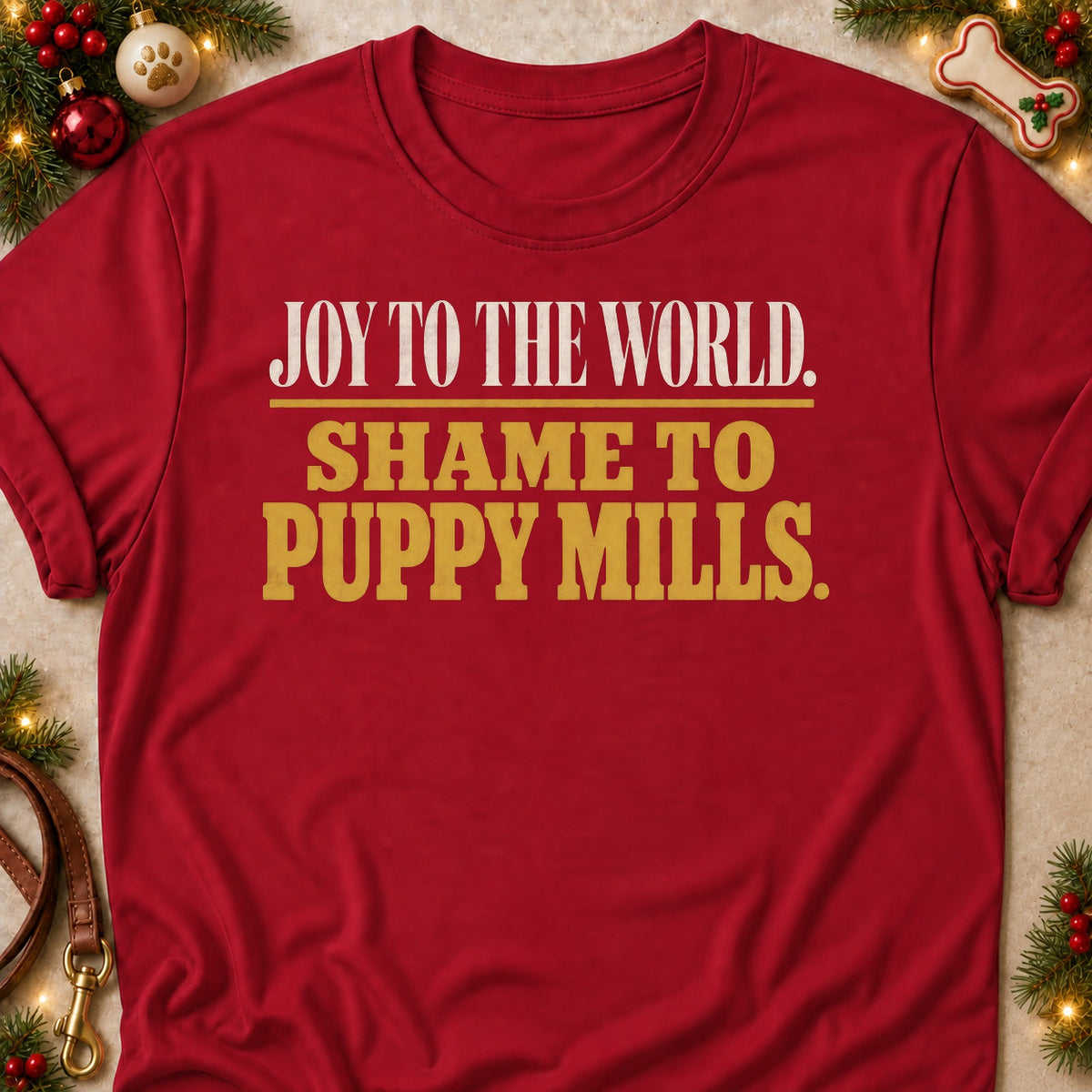 Shame To Puppy Mills dog mom T-shirt in Cardinal Red, laid flat. [bb c=cardinal-red r=flat]