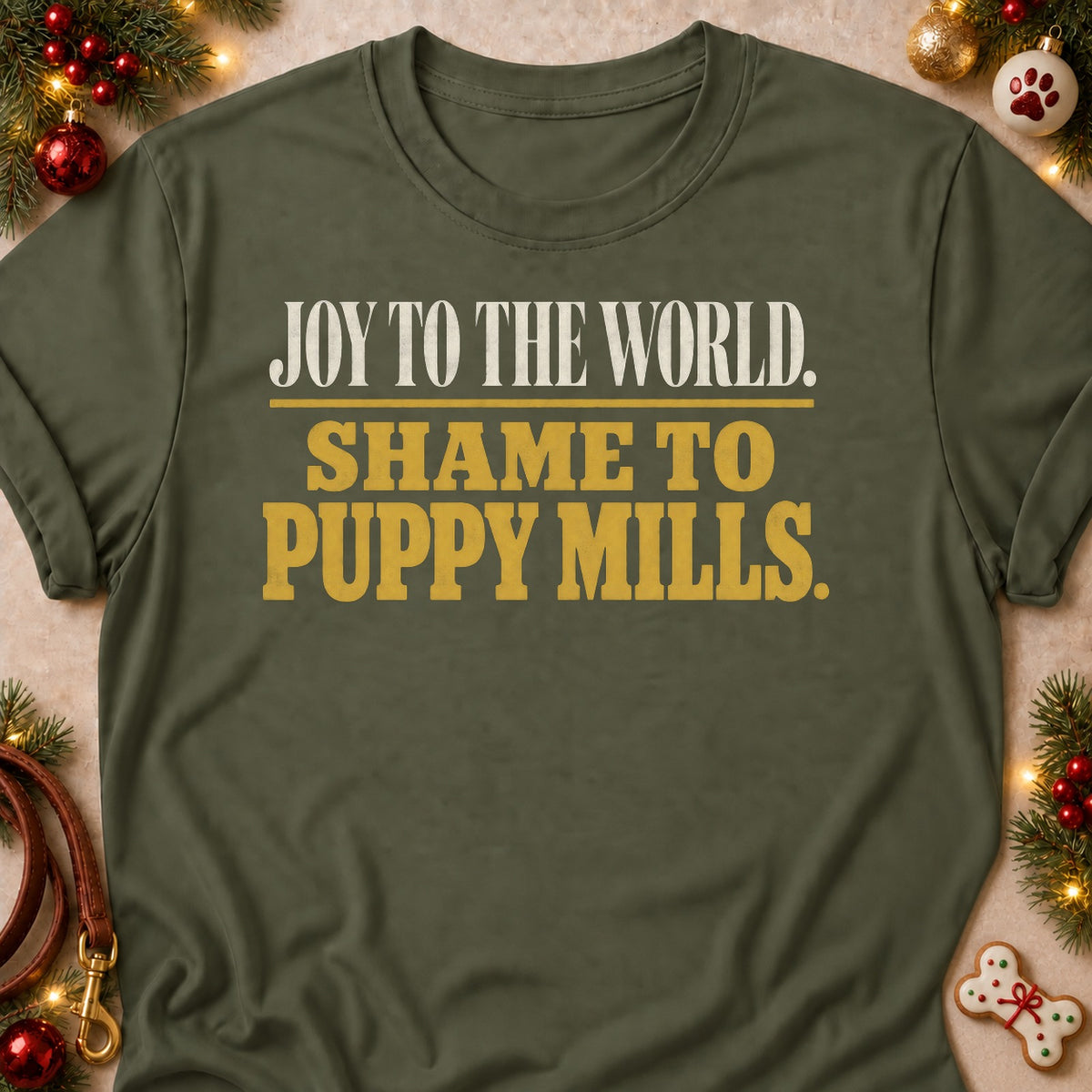 Shame To Puppy Mills dog mom T-shirt in Military Green, laid flat. [bb c=military-green r=flat]