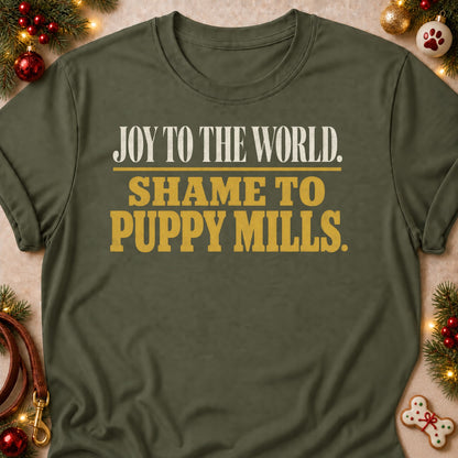 Shame To Puppy Mills dog mom T-shirt in Military Green, laid flat. [bb c=military-green r=flat]