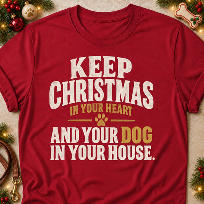 Keep Christmas In Your Heart dog mom T-shirt in Cardinal Red, laid flat. [bb c=cardinal-red r=flat]