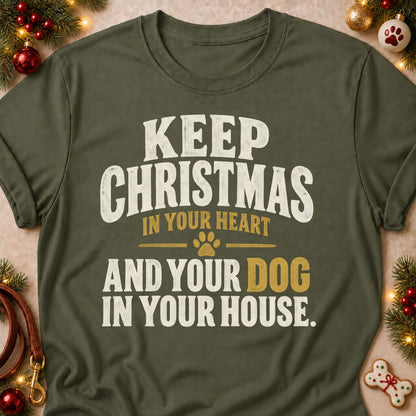 Keep Christmas In Your Heart dog mom T-shirt in Military Green, laid flat. [bb c=military-green r=flat]