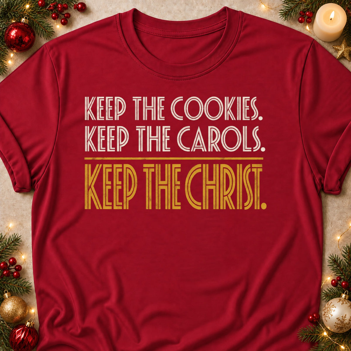 Keep The Cookies. Keep The Christ. faith T-shirt in Cardinal Red, laid flat. [bb c=cardinal-red r=flat]