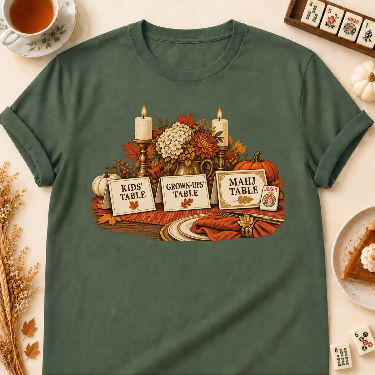 Mahj Table mahjong T-shirt in Military Green, laid flat. [bb c=military-green r=flat]