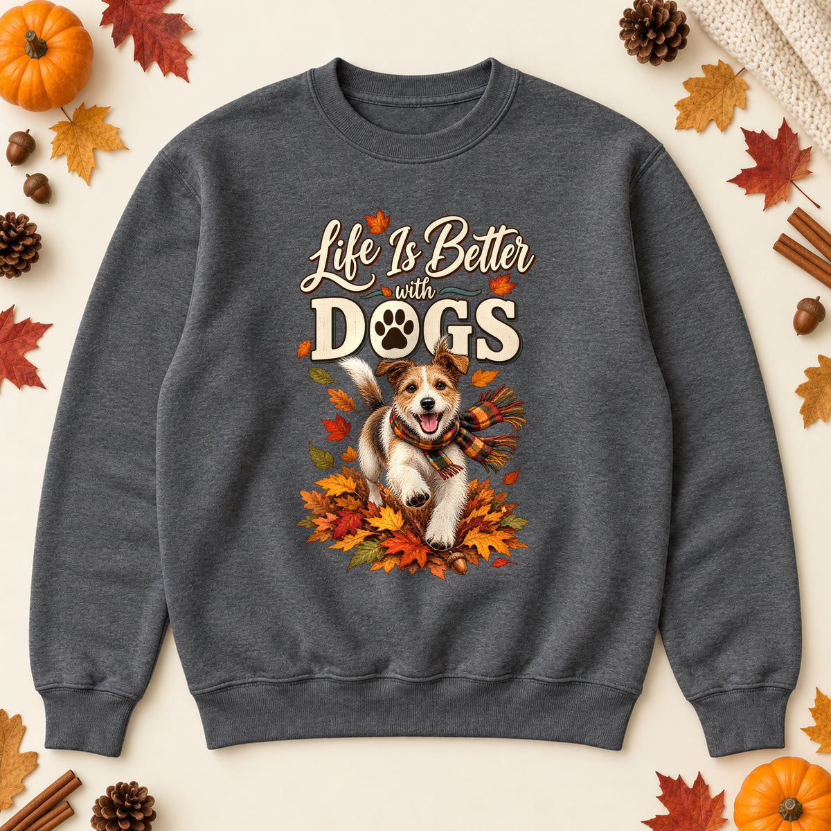 Life Is Better With Dogs sweatshirt in Dark Heather, laid flat. [bb c=dark-heather r=flat]
