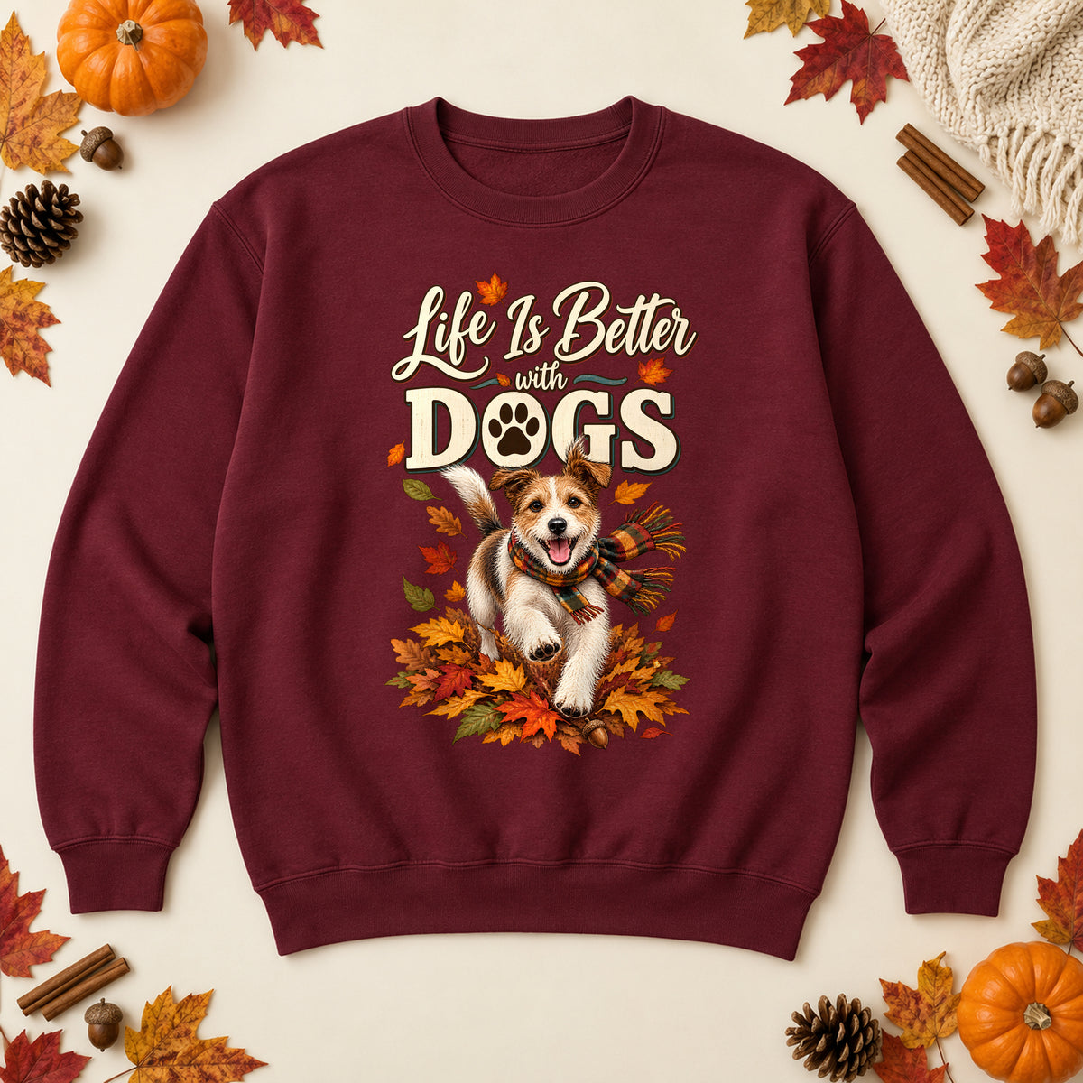Life Is Better With Dogs sweatshirt in Maroon, laid flat. [bb c=maroon r=flat]