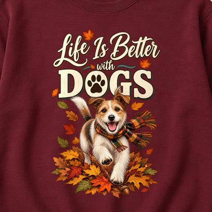 Life Is Better With Dogs Fall Colored Print Sweatshirt in Maroon — design detail