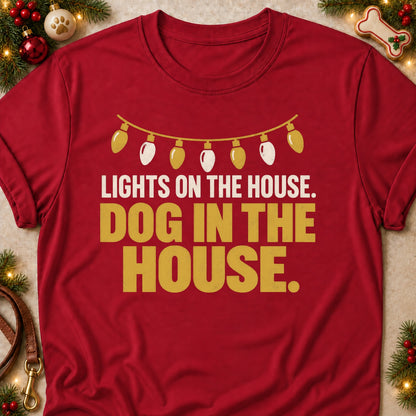 Dog In The House dog mom T-shirt in Cardinal Red, laid flat. [bb c=cardinal-red r=flat]