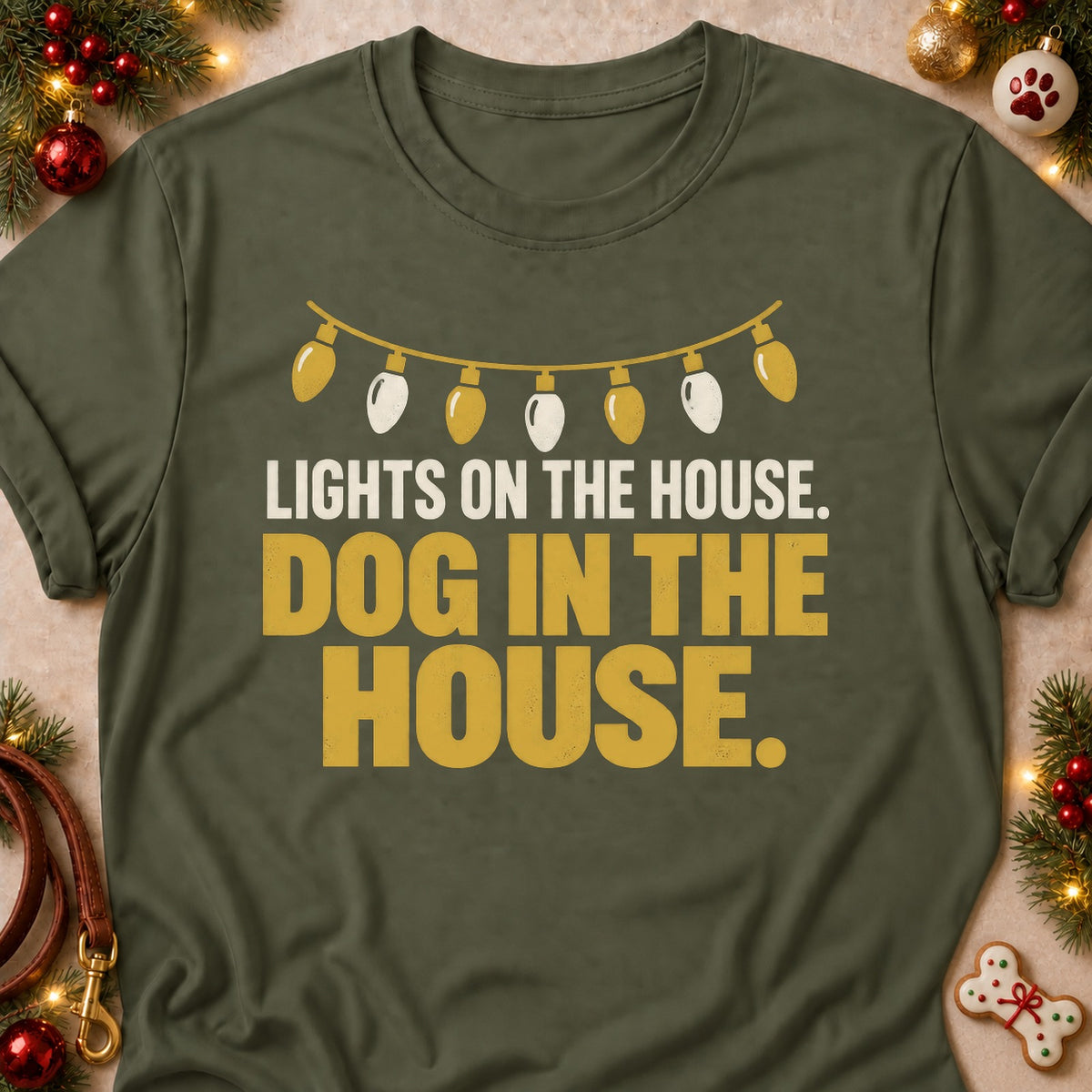 Dog In The House dog mom T-shirt in Military Green, laid flat. [bb c=military-green r=flat]