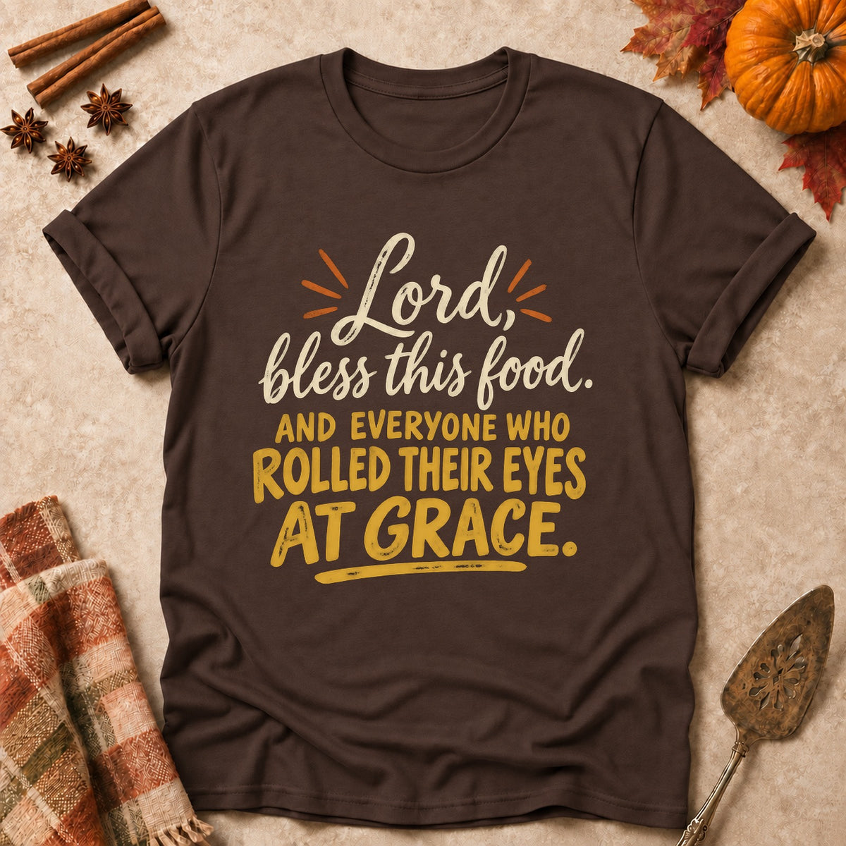 Rolled Their Eyes At Grace faith T-shirt in Dark Chocolate, laid flat. [bb c=dark-chocolate r=flat]