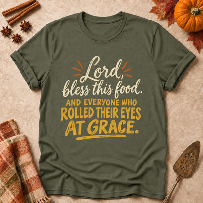 Rolled Their Eyes At Grace faith T-shirt in Military Green, laid flat. [bb c=military-green r=flat]