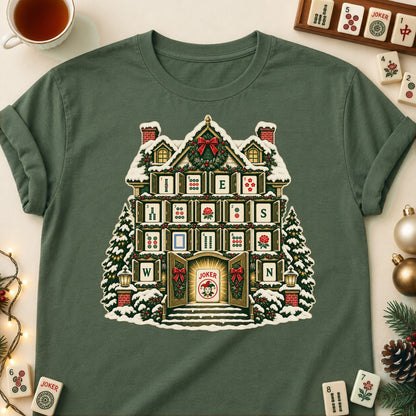 Mahjong advent calendar T-shirt in Military Green, laid flat. [bb c=military-green r=flat]