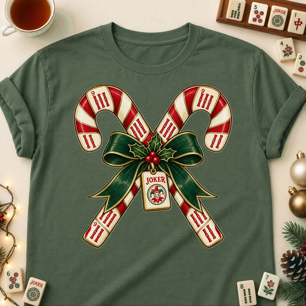 Mahjong candy canes T-shirt in Military Green, laid flat. [bb c=military-green r=flat]
