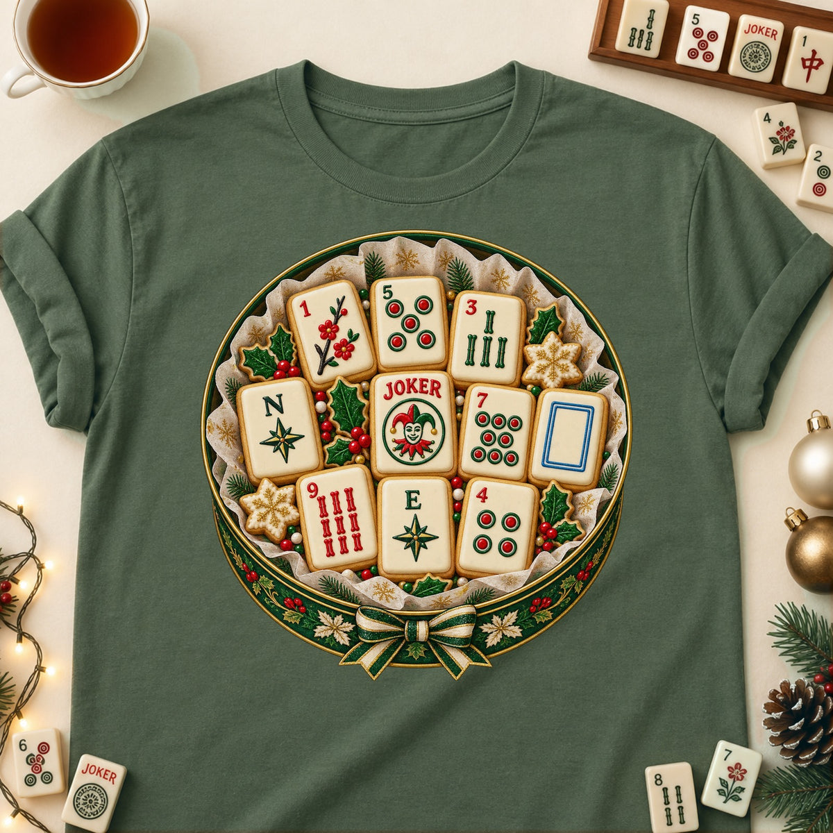 Mahjong cookie tin T-shirt in Military Green, laid flat. [bb c=military-green r=flat]