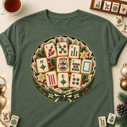 Mahjong cookie tin T-shirt in Military Green, laid flat. [bb c=military-green r=flat]
