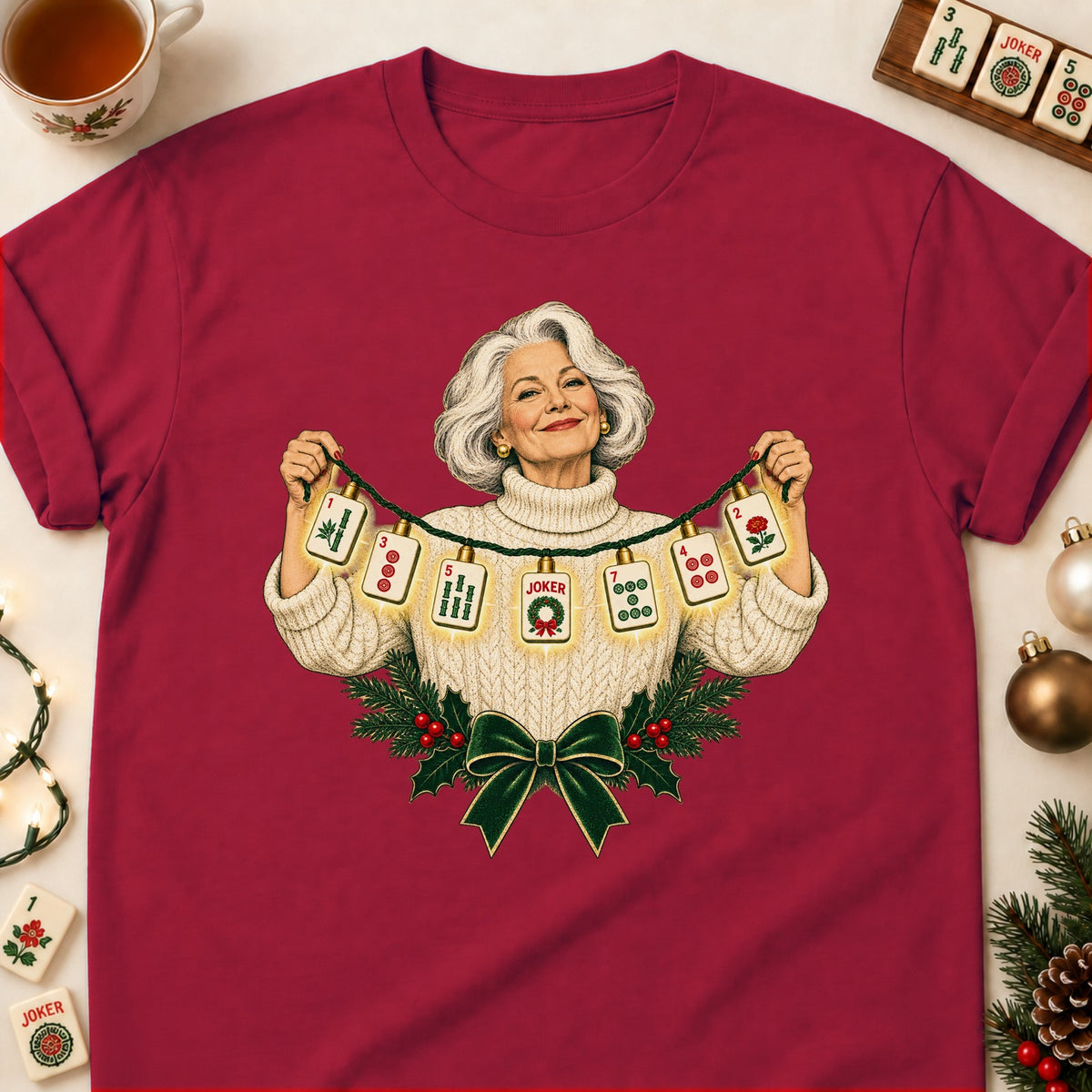 Mahjong Christmas lights T-shirt in Cardinal Red, laid flat. [bb c=cardinal-red r=flat]