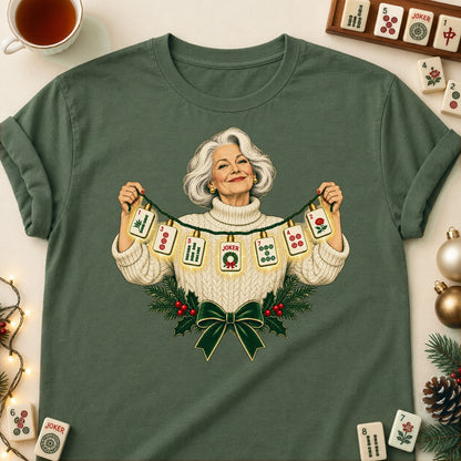 Mahjong Christmas lights T-shirt in Military Green, laid flat. [bb c=military-green r=flat]