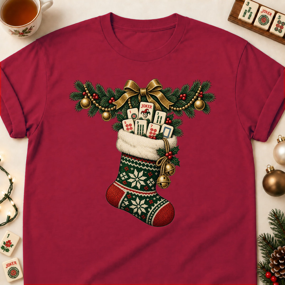 Mahjong stocking T-shirt in Cardinal Red, laid flat. [bb c=cardinal-red r=flat]