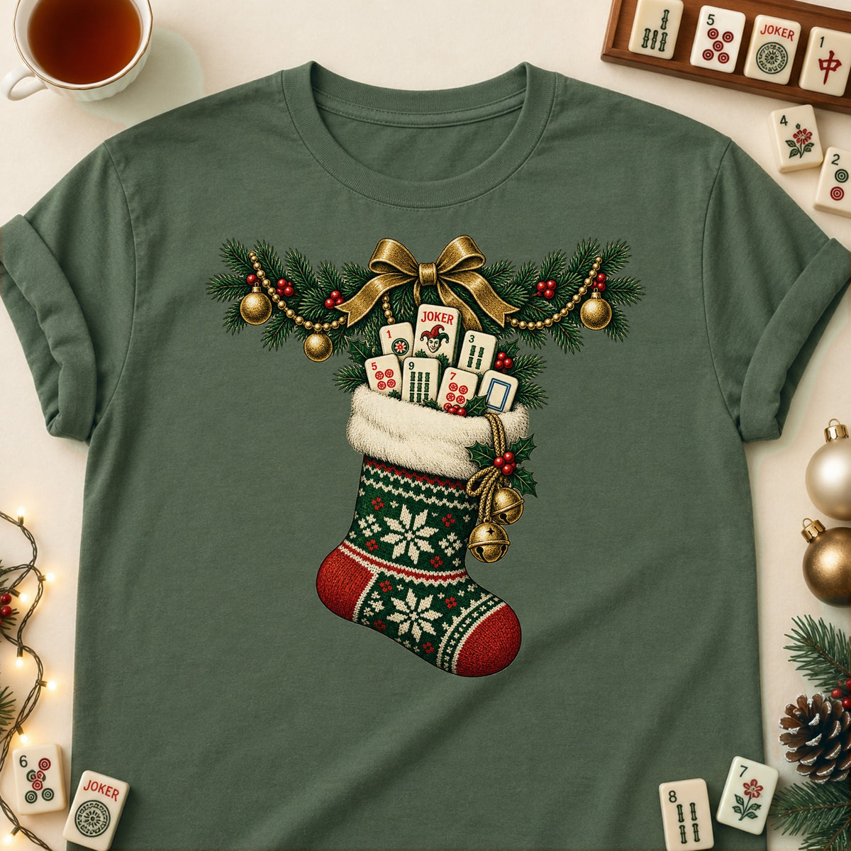 Mahjong stocking T-shirt in Military Green, laid flat. [bb c=military-green r=flat]