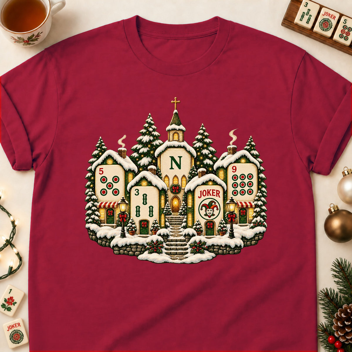 Christmas Village mahjong T-shirt in Cardinal Red, laid flat. [bb c=cardinal-red r=flat]