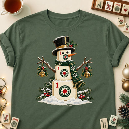 Mahjong snowman T-shirt in Military Green, laid flat. [bb c=military-green r=flat]